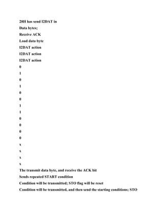 28H has send I2DAT in
Data bytes;
Receive ACK
Load data byte
I2DAT action
I2DAT action
I2DAT action
0
1
0
1
0
0
1
1
0
0
0
0
x
x
x
x
The transmit data byte, and receive the ACK bit
Sends repeated START condition
Condition will be transmitted; STO flag will be reset
Condition will be transmitted, and then send the starting conditions; STO
 