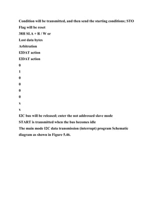 Condition will be transmitted, and then send the starting conditions; STO
Flag will be reset
38H SLA + R / W or
Lost data bytes
Arbitration
I2DAT action
I2DAT action
0
1
0
0
0
0
x
x
I2C bus will be released; enter the not addressed slave mode
START is transmitted when the bus becomes idle
The main mode I2C data transmission (interrupt) program Schematic
diagram as shown in Figure 5.46.
 