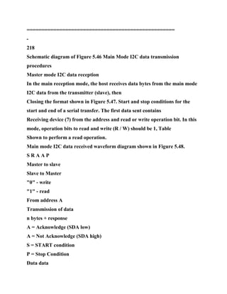 ==================================================
-
218
Schematic diagram of Figure 5.46 Main Mode I2C data transmission
procedures
Master mode I2C data reception
In the main reception mode, the host receives data bytes from the main mode
I2C data from the transmitter (slave), then
Closing the format shown in Figure 5.47. Start and stop conditions for the
start and end of a serial transfer. The first data sent contains
Receiving device (7) from the address and read or write operation bit. In this
mode, operation bits to read and write (R / W) should be 1, Table
Shown to perform a read operation.
Main mode I2C data received waveform diagram shown in Figure 5.48.
S R A A P
Master to slave
Slave to Master
"0" - write
"1" - read
From address A
Transmission of data
n bytes + response
A = Acknowledge (SDA low)
A = Not Acknowledge (SDA high)
S = START condition
P = Stop Condition
Data data
 
