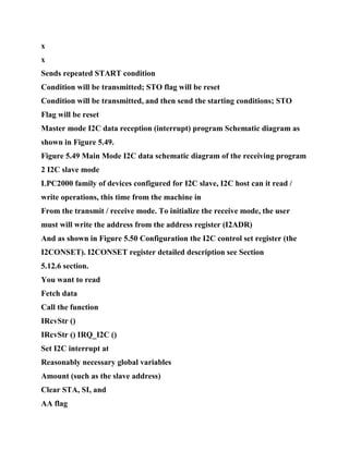 x
x
Sends repeated START condition
Condition will be transmitted; STO flag will be reset
Condition will be transmitted, and then send the starting conditions; STO
Flag will be reset
Master mode I2C data reception (interrupt) program Schematic diagram as
shown in Figure 5.49.
Figure 5.49 Main Mode I2C data schematic diagram of the receiving program
2 I2C slave mode
LPC2000 family of devices configured for I2C slave, I2C host can it read /
write operations, this time from the machine in
From the transmit / receive mode. To initialize the receive mode, the user
must will write the address from the address register (I2ADR)
And as shown in Figure 5.50 Configuration the I2C control set register (the
I2CONSET). I2CONSET register detailed description see Section
5.12.6 section.
You want to read
Fetch data
Call the function
IRcvStr ()
IRcvStr () IRQ_I2C ()
Set I2C interrupt at
Reasonably necessary global variables
Amount (such as the slave address)
Clear STA, SI, and
AA flag
 