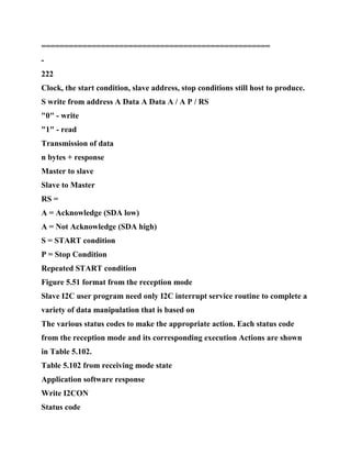 ==================================================
-
222
Clock, the start condition, slave address, stop conditions still host to produce.
S write from address A Data A Data A / A P / RS
"0" - write
"1" - read
Transmission of data
n bytes + response
Master to slave
Slave to Master
RS =
A = Acknowledge (SDA low)
A = Not Acknowledge (SDA high)
S = START condition
P = Stop Condition
Repeated START condition
Figure 5.51 format from the reception mode
Slave I2C user program need only I2C interrupt service routine to complete a
variety of data manipulation that is based on
The various status codes to make the appropriate action. Each status code
from the reception mode and its corresponding execution Actions are shown
in Table 5.102.
Table 5.102 from receiving mode state
Application software response
Write I2CON
Status code
 
