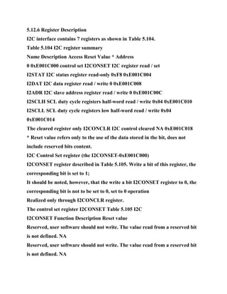 5.12.6 Register Description
I2C interface contains 7 registers as shown in Table 5.104.
Table 5.104 I2C register summary
Name Description Access Reset Value * Address
0 0xE001C000 control set I2CONSET I2C register read / set
I2STAT I2C status register read-only 0xF8 0xE001C004
I2DAT I2C data register read / write 0 0xE001C008
I2ADR I2C slave address register read / write 0 0xE001C00C
I2SCLH SCL duty cycle registers half-word read / write 0x04 0xE001C010
I2SCLL SCL duty cycle registers low half-word read / write 0x04
0xE001C014
The cleared register only I2CONCLR I2C control cleared NA 0xE001C018
* Reset value refers only to the use of the data stored in the bit, does not
include reserved bits content.
I2C Control Set register (the I2CONSET-0xE001C000)
I2CONSET register described in Table 5.105. Write a bit of this register, the
corresponding bit is set to 1;
It should be noted, however, that the write a bit I2CONSET register to 0, the
corresponding bit is not to be set to 0, set to 0 operation
Realized only through I2CONCLR register.
The control set register I2CONSET Table 5.105 I2C
I2CONSET Function Description Reset value
Reserved, user software should not write. The value read from a reserved bit
is not defined. NA
Reserved, user software should not write. The value read from a reserved bit
is not defined. NA
 