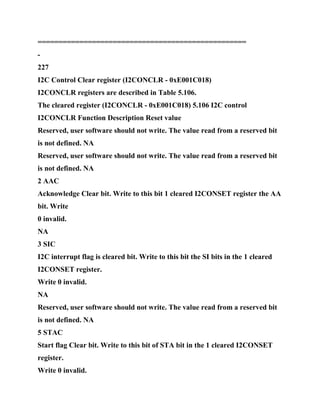 ==================================================
-
227
I2C Control Clear register (I2CONCLR - 0xE001C018)
I2CONCLR registers are described in Table 5.106.
The cleared register (I2CONCLR - 0xE001C018) 5.106 I2C control
I2CONCLR Function Description Reset value
Reserved, user software should not write. The value read from a reserved bit
is not defined. NA
Reserved, user software should not write. The value read from a reserved bit
is not defined. NA
2 AAC
Acknowledge Clear bit. Write to this bit 1 cleared I2CONSET register the AA
bit. Write
0 invalid.
NA
3 SIC
I2C interrupt flag is cleared bit. Write to this bit the SI bits in the 1 cleared
I2CONSET register.
Write 0 invalid.
NA
Reserved, user software should not write. The value read from a reserved bit
is not defined. NA
5 STAC
Start flag Clear bit. Write to this bit of STA bit in the 1 cleared I2CONSET
register.
Write 0 invalid.
 