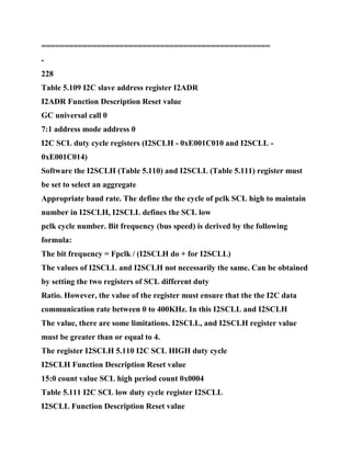 ==================================================
-
228
Table 5.109 I2C slave address register I2ADR
I2ADR Function Description Reset value
GC universal call 0
7:1 address mode address 0
I2C SCL duty cycle registers (I2SCLH - 0xE001C010 and I2SCLL -
0xE001C014)
Software the I2SCLH (Table 5.110) and I2SCLL (Table 5.111) register must
be set to select an aggregate
Appropriate baud rate. The define the the cycle of pclk SCL high to maintain
number in I2SCLH, I2SCLL defines the SCL low
pclk cycle number. Bit frequency (bus speed) is derived by the following
formula:
The bit frequency = Fpclk / (I2SCLH do + for I2SCLL)
The values of I2SCLL and I2SCLH not necessarily the same. Can be obtained
by setting the two registers of SCL different duty
Ratio. However, the value of the register must ensure that the the I2C data
communication rate between 0 to 400KHz. In this I2SCLL and I2SCLH
The value, there are some limitations. I2SCLL, and I2SCLH register value
must be greater than or equal to 4.
The register I2SCLH 5.110 I2C SCL HIGH duty cycle
I2SCLH Function Description Reset value
15:0 count value SCL high period count 0x0004
Table 5.111 I2C SCL low duty cycle register I2SCLL
I2SCLL Function Description Reset value
 