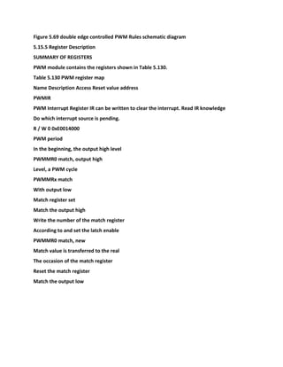 Figure 5.69 double edge controlled PWM Rules schematic diagram
5.15.5 Register Description
SUMMARY OF REGISTERS
PWM module contains the registers shown in Table 5.130.
Table 5.130 PWM register map
Name Description Access Reset value address
PWMIR
PWM Interrupt Register IR can be written to clear the interrupt. Read IR knowledge
Do which interrupt source is pending.
R / W 0 0xE0014000
PWM period
In the beginning, the output high level
PWMMR0 match, output high
Level, a PWM cycle
PWMMRx match
With output low
Match register set
Match the output high
Write the number of the match register
According to and set the latch enable
PWMMR0 match, new
Match value is transferred to the real
The occasion of the match register
Reset the match register
Match the output low
 