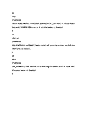 11
Stop
(PWMMR3)
To will make PWMTC and PWMPC 1:00 PWMMR3, and PWMTC values match
Stop and PWMTCR [0] is reset to 0. Is 0, the feature is disabled.
0
12
Interrupt
(PWMMR4)
1:00, PWMMR4, and PWMTC value match will generate an interrupt. Is 0, the
Interrupts are disabled.
0
13
Reset
(PWMMR4)
1:00, PWMMR4, with PWMTC value matching will enable PWMTC reset. To 0
When this feature is disabled.
0
 