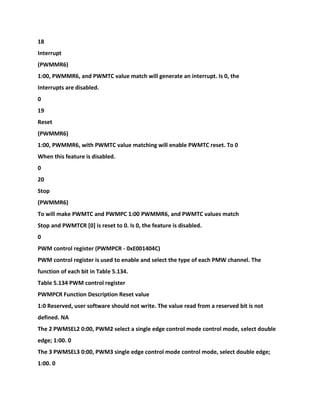 18
Interrupt
(PWMMR6)
1:00, PWMMR6, and PWMTC value match will generate an interrupt. Is 0, the
Interrupts are disabled.
0
19
Reset
(PWMMR6)
1:00, PWMMR6, with PWMTC value matching will enable PWMTC reset. To 0
When this feature is disabled.
0
20
Stop
(PWMMR6)
To will make PWMTC and PWMPC 1:00 PWMMR6, and PWMTC values match
Stop and PWMTCR [0] is reset to 0. Is 0, the feature is disabled.
0
PWM control register (PWMPCR - 0xE001404C)
PWM control register is used to enable and select the type of each PMW channel. The
function of each bit in Table 5.134.
Table 5.134 PWM control register
PWMPCR Function Description Reset value
1:0 Reserved, user software should not write. The value read from a reserved bit is not
defined. NA
The 2 PWMSEL2 0:00, PWM2 select a single edge control mode control mode, select double
edge; 1:00. 0
The 3 PWMSEL3 0:00, PWM3 single edge control mode control mode, select double edge;
1:00. 0
 