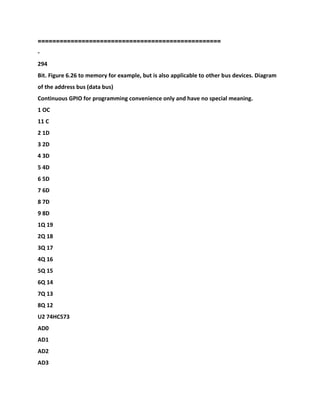 ==================================================
-
294
Bit. Figure 6.26 to memory for example, but is also applicable to other bus devices. Diagram
of the address bus (data bus)
Continuous GPIO for programming convenience only and have no special meaning.
1 OC
11 C
2 1D
3 2D
4 3D
5 4D
6 5D
7 6D
8 7D
9 8D
1Q 19
2Q 18
3Q 17
4Q 16
5Q 15
6Q 14
7Q 13
8Q 12
U2 74HC573
AD0
AD1
AD2
AD3
 