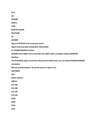 C2-5
U6
SP3232E
VDD3.3
TxD0
RxD0 P0.1/RxD0
P0.0/TxD0
U1
LPC2000
Figure 6.29 RS232 level conversion circuit
Figure 6.30 serial data timing (55H, AAH)-RS232
4. LPC2000 MODEM interface
LPC2000 series ARM7 micro-controller the UART1 with a complete modem (MODEM)
interface
The SP3243ECA signal conversion chip converts RS232 level, you can control MODEM MODEM
connection
Dial-up communications. The circuit shown in Figure 6.31.
162738495
CZ3
UART1 VDD3.3
VDD3.3
C15 104
C14 104
C12 104
C13 104
DCD1
DSR1
TxD1
CTS1
 