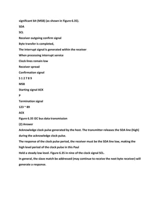 significant bit (MSB) (as shown in Figure 6.35).
SDA
SCL
Receiver outgoing confirm signal
Byte transfer is completed,
The interrupt signal is generated within the receiver
When processing interrupt service
Clock lines remain low
Receiver spread
Confirmation signal
S 1 2 7 8 9
MSB
Starting signal ACK
P
Termination signal
123 ~ 89
ACK
Figure 6.35 I2C bus data transmission
(2) Answer
Acknowledge clock pulse generated by the host. The transmitter releases the SDA line (high)
during the acknowledge clock pulse.
The response of the clock pulse period, the receiver must be the SDA line low, making the
high level period of the clock pulse in this Paul
Held a steady low level. Figure 6.35 in nine of the clock signal SCL.
In general, the slave match be addressed (may continue to receive the next byte receiver) will
generate a response.
 
