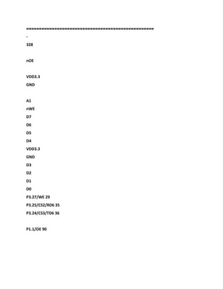 ==================================================
-
328
nOE
VDD3.3
GND
A1
nWE
D7
D6
D5
D4
VDD3.3
GND
D3
D2
D1
D0
P3.27/WE 29
P3.25/CS2/RD6 35
P3.24/CS3/TD6 36
P1.1/OE 90
 