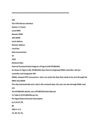 ==============================
====================
-
342
The FIFO ISA bus interface
System I / O port
Local DMA
Remote DMA
16K SRAM
Local address
Remote address
Local Bus
Data transmission
16
16/8
Network Data
Internal functional block diagram of Figure 6.83 RTL8019AS
As shown in Figure 6.83, RTL8019AS chip internal integrated DMA controller, ISA bus
controller and integrated 16K
SRAM, network PHY transceivers. Users can write the data that needs to be sent through the
DMA chip SRAM
The chip automatically sent; chip in the received data, the user can also through DMA read
out.
The RTL8019AS details, see a RTL8019AS Data Manual.
To Table 6.23 RTL8019AS pin list
Pin Signal Name Direction Description
6,17,47,57,70,
89
VDD P +5 V
14, 28, 44, 52,
 