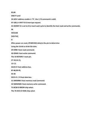 83,86
GND P Land
34 AEN I address enable is "0", the I / O command is valid.
97-100,1-4 INT7-0 O interrupt request.
35 IOCRDY O is set to 0 to insert wait cycle to identify the host read and write commands.
96
IOCS16B
[SOLT16]
O
After power-on reset, RTL8019AS detects the pin to determine
Using the 16-bit or 8-bit ISA slots.
29 IORB I host read command.
30 IOWB I host write command.
The 33 RSTDRV I reset pin.
27-18,16-15,
13-7,5
SA19-0 I host address bus.
87-88,90-95,
43-36
SD15-0 I / O host data bus.
31 SMEMRB I host memory read command.
32 SMEMWB I host memory write command.
75 BCSB O BROM chip select.
The 76 EECS O 9346 chip select
 