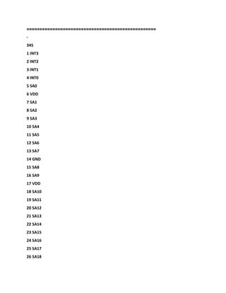 ==================================================
-
345
1 INT3
2 INT2
3 INT1
4 INT0
5 SA0
6 VDD
7 SA1
8 SA2
9 SA3
10 SA4
11 SA5
12 SA6
13 SA7
14 GND
15 SA8
16 SA9
17 VDD
18 SA10
19 SA11
20 SA12
21 SA13
22 SA14
23 SA15
24 SA16
25 SA17
26 SA18
 