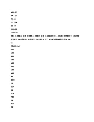VDD 57
RX + 56
RX-55
CD + 54
CD-53
GND 52
OSCO 51
BD3 81 BD2 82 GND 83 BD1 84 BD0 85 GND 86 SD15 87 SD14 88 VDD 89 SD13 90 SD12 91
SD11 92 SD10 93 SD9 94 SD8 95 IOCS16B 96 INT7 97 INT6 98 INT5 99 INT4 100
U2
RTL8019AS
VCC
VCC
VCC
VCC
VCC
VCC
VCC
VCC
Y4
20M
C1
20P
C2
20P
R26
51
R27
51
 