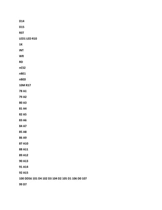 D14
D15
RST
LED1 LED R10
1K
INT
WR
RD
nCS2
nBE1
nBE0
10M R17
78 A1
79 A2
80 A3
81 A4
82 A5
83 A6
84 A7
85 A8
86 A9
87 A10
88 A11
89 A12
90 A13
91 A14
92 A15
100 DD56 101 D4 102 D3 104 D2 105 D1 106 D0 107
99 D7
 