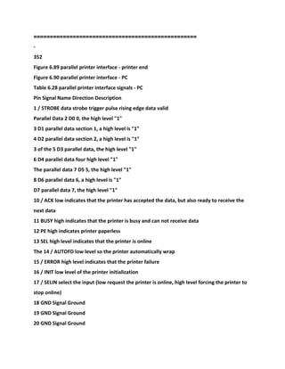 ==================================================
-
352
Figure 6.89 parallel printer interface - printer end
Figure 6.90 parallel printer interface - PC
Table 6.28 parallel printer interface signals - PC
Pin Signal Name Direction Description
1 / STROBE data strobe trigger pulse rising edge data valid
Parallel Data 2 D0 0, the high level "1"
3 D1 parallel data section 1, a high level is "1"
4 D2 parallel data section 2, a high level is "1"
3 of the 5 D3 parallel data, the high level "1"
6 D4 parallel data four high level "1"
The parallel data 7 D5 5, the high level "1"
8 D6 parallel data 6, a high level is "1"
D7 parallel data 7, the high level "1"
10 / ACK low indicates that the printer has accepted the data, but also ready to receive the
next data
11 BUSY high indicates that the printer is busy and can not receive data
12 PE high indicates printer paperless
13 SEL high level indicates that the printer is online
The 14 / AUTOFD low level so the printer automatically wrap
15 / ERROR high level indicates that the printer failure
16 / INIT low level of the printer initialization
17 / SELIN select the input (low request the printer is online, high level forcing the printer to
stop online)
18 GND Signal Ground
19 GND Signal Ground
20 GND Signal Ground
 