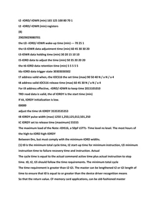 t2 -IORD/-IOWR (min) 165 125 100 80 70 1
t2 -IORD/-IOWR (min) registers
(8)
29029029080701
the t2i -IORD/-IOWR wake-up time (min) --- 70 25 1
the t3-IOWR data adjustment time (min) 60 45 30 30 20
t3-IOWR data holding time (min) 30 20 15 10 10
t5-IORD data to adjust the time (min) 50 35 20 20 20
the t6-IORD data retention time (min) 5 5 5 5 5
t6z-IORD data trigger state 30303030302
t7 address valid when,-the IOCS16 the set time (max) 90 50 40 N / a N / a 4
t8 address valid-IOCS16 release time (max) 60 45 30 N / a N / a 4
For t9 address effective, -IORD/-IOWR to keep time 2015101010
TRD read data is valid, the of IORDY is the start time (min)
If tA, IORDY initialization is low.
00000
adjust the time tA IORDY 35353535353
tB IORDY pulse width (max) 1250 1,250,125,012,501,250
tC IORDY set to release time (maximum) 55555
The maximum load of the Note:-IOIS16, a 50pF LSTTL- Time level ns level. The most hours of
the high-to-IORD high-IORDY
Between 0ns, but must comply with the minimum-IORD widths.
(1) t0 is the minimum total cycle time, t2 start-up time for minimum instruction, t2i minimum
instruction time to failure recovery time and instruction. Actual
The cycle time is equal to the actual command active time plus actual instruction to stop
time. t0, t2, t2i should follow the time requirements. The minimum total cycle
The time requirement is greater than t2 t2i. The master can be lengthened t2 or t2i length of
time to ensure that t0 is equal to or greater than the device driver recognition means
So that the return value. CF memory card applications, can be old-fashioned master
 