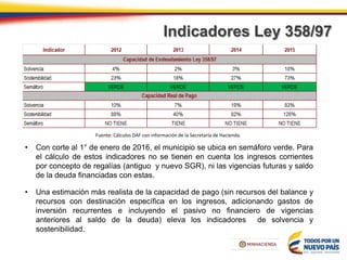 Indicadores Ley 358/97
Fuente: Cálculos DAF con información de la Secretaría de Hacienda.
• Con corte al 1° de enero de 2016, el municipio se ubica en semáforo verde. Para
el cálculo de estos indicadores no se tienen en cuenta los ingresos corrientes
por concepto de regalías (antiguo y nuevo SGR), ni las vigencias futuras y saldo
de la deuda financiadas con estas.
• Una estimación más realista de la capacidad de pago (sin recursos del balance y
recursos con destinación específica en los ingresos, adicionando gastos de
inversión recurrentes e incluyendo el pasivo no financiero de vigencias
anteriores al saldo de la deuda) eleva los indicadores de solvencia y
sostenibilidad.
 