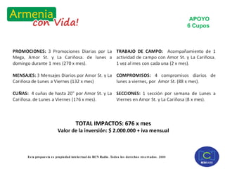 APOYO 6 Cupos TOTAL IMPACTOS: 676 x mes Valor de la inversión: $ 2.000.000 + iva mensual 