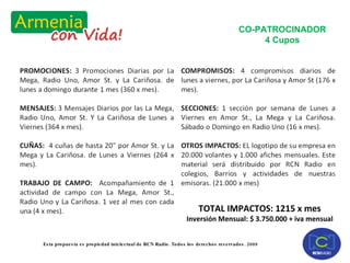 CO-PATROCINADOR 4 Cupos TOTAL IMPACTOS: 1215 x mes Inversión Mensual: $ 3.750.000 + iva mensual 