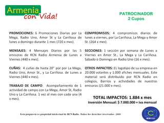 PATROCINADOR 2 Cupos TOTAL IMPACTOS: 1.884 x mes Inversión Mensual: $ 7.000.000 + iva mensual 