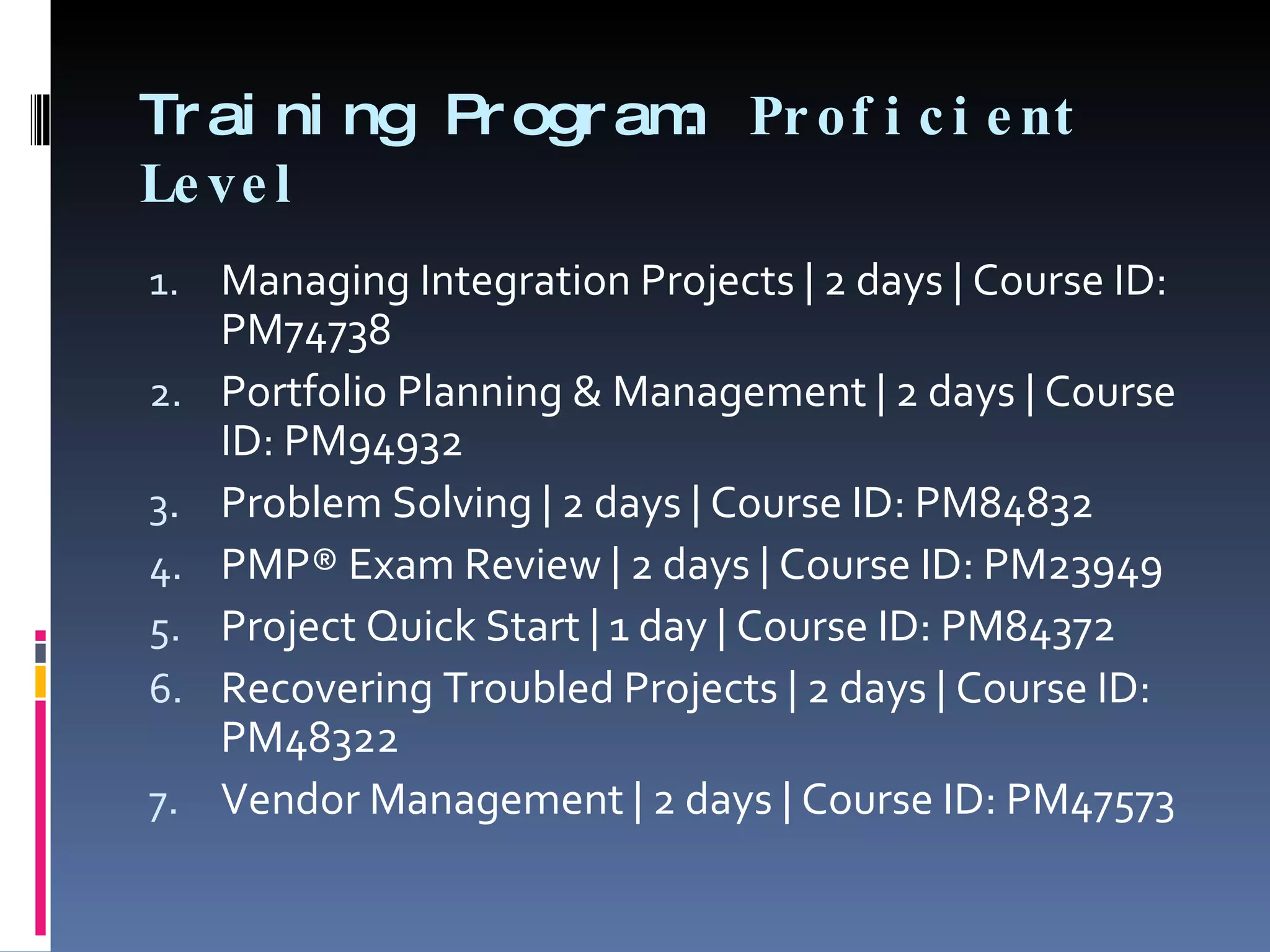 Training Program:  Proficient Level Managing Integration Projects | 2 days | Course ID: PM74738 Portfolio Planning & Management | 2 days | Course ID: PM94932 Problem Solving | 2 days | Course ID: PM84832 PMP® Exam Review | 2 days | Course ID: PM23949 Project Quick Start | 1 day | Course ID: PM84372 Recovering Troubled Projects | 2 days | Course ID: PM48322 Vendor Management | 2 days | Course ID: PM47573 