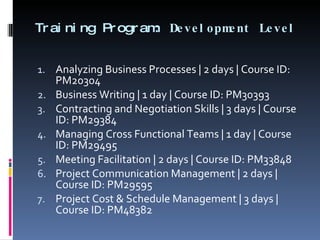 Training Program:  Development Level Analyzing Business Processes | 2 days | Course ID: PM20304 Business Writing | 1 day | Course ID: PM30393 Contracting and Negotiation Skills | 3 days | Course ID: PM29384 Managing Cross Functional Teams | 1 day | Course ID: PM29495 Meeting Facilitation | 2 days | Course ID: PM33848 Project Communication Management | 2 days | Course ID: PM29595 Project Cost & Schedule Management | 3 days | Course ID: PM48382 