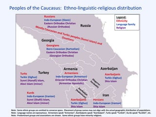 Peoples of the Caucasus: Ethno-linguistic-religious distribution
Georgians
Ibero-Caucasian (Kartvelian)
Eastern Orthodox Christian
(Georgian Orthodox)
Turks
Turkic (Oghuz)
Sunni (Hanafi) Islam,
Alevi Islam (minor)
Kurds
Indo-European (Iranian)
Sunni (Shafii) Islam,
Alevi Islam (minor)
Persians
Indo-European (Iranian)
Shia Islam
Azerbaijanis
Turkic (Oghuz)
Shia Islam
Azerbaijanis
Turkic (Oghuz)
Shia Islam
Russians
Indo-European (Slavic)
Eastern Orthodox Christian
(Russian Orthodox)
Armenians
Indo-European (Armenian)
Oriental Orthodox Christian
(Armenian Apostolic)
Russia
Turkey
Georgia
Iran
AzerbaijanArmenia
Legend:
Ethnicity
Language family
Religion
Note: Some ethnic groups are omitted to conserve space. Placement of group names may not align with the actual geographic distribution of populations.
Note: Language names are eponymous: Armenians speak “Armenian”, Azerbaijanis speak “Azerbaijani”, Turks speak “Turkish”, Kurds speak “Kurdish”, etc.
Note: Predominant groups and associations are shown. Some ethnic groups have minority religions.
 