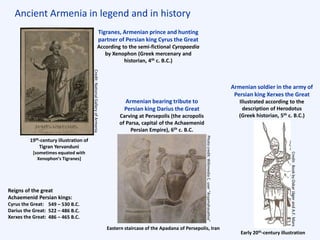 Ancient Armenia in legend and in history
Armenian bearing tribute to
Persian king Darius the Great
Carving at Persepolis (the acropolis
of Parsa, capital of the Achaemenid
Persian Empire), 6th c. B.C.
(late 6th century B.C.)
Tigranes, Armenian prince and hunting
partner of Persian king Cyrus the Great
According to the semi-fictional Cyropaedia
by Xenophon (Greek mercenary and
historian, 4th c. B.C.)
Armenian soldier in the army of
Persian king Xerxes the Great
Illustrated according to the
description of Herodotus
(Greek historian, 5th c. B.C.)
Eastern staircase of the Apadana of Persepolis, Iran
Early 20th-century illustration
19th-century illustration of
Tigran Yervanduni
[sometimes equated with
Xenophon’s Tigranes]
Reigns of the great
Achaemenid Persian kings:
Cyrus the Great:
Darius the Great:
Xerxes the Great:
549 – 530 B.C.
522 – 486 B.C.
486 – 465 B.C.
Credit:NationalGalleryofArmenia
Photocredit:WikimediaC.user“Aryamahasattva”
Credit:BookbyOskarJägerandA.F.Marx
 