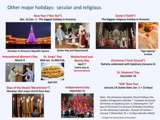 Other major holidays: secular and religious
Christmas (“Surb Tsnund”)
Nativity celebrated with Epiphany (January 6)
New Year (“Nor Tari”)
Dec. 31/Jan. 1: The biggest holiday in Armenia
Dzmer Pap and Dzyunanush
St. Stepanos’ Day
December 25
“Old” New Year
January 14 (Julian date: Jan. 1 + 13 days)
Note: the Armenian Apostolic Church follows the
modern (Gregorian) calendar.* Compare Armenian
Christmas on Epiphany (Jan. 6, following the “12th
day of Christmas”) to Russian Orthodox Christmas
on the old (Julian) calendar: Russian Christmas =
January 7 (December 25 + 13 days calendar offset).
Tonatsar in Yerevan’s Republic Square
Easter (“Zatik”)
The biggest religious holiday in Armenia
Independence Day
September 21
International Women’s Day
March 8
St. Sargis’ Day
Mid-Jan. to Mid-Feb.
Motherhood and
Beauty Day
April 7
(same day as
Annunciation)
Aghi blit
Days of the Dead (“Merelotsner”)
Mondays after major church feast days
“Egg tapping”
contest
* Except the Patriarchate of Jerusalem.
 