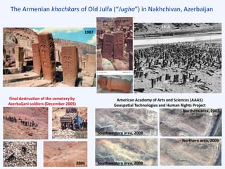 The Armenian khachkars of Old Julfa (“Jugha”) in Nakhchivan, Azerbaijan
Southwestern area, 2003
Southwestern area, 2009
Northern area, 2009
Northern area, 2003
American Academy of Arts and Sciences (AAAS)
Geospatial Technologies and Human Rights Project
Final destruction of the cemetery by
Azerbaijani soldiers (December 2005)
2006
1987
1915
 