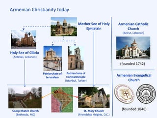 Armenian Christianity today
Patriarchate of
Jerusalem
Patriarchate of
Constantinople
(Istanbul, Turkey)
Mother See of Holy
Ejmiatsin
Holy See of Cilicia
(Antelias, Lebanon)
Armenian Catholic
Church
(Beirut, Lebanon)
Armenian Evangelical
Church
(founded 1742)
(founded 1846)Soorp Khatch Church
(Bethesda, MD)
St. Mary Church
(Friendship Heights, D.C.)
 