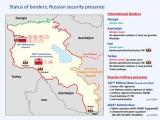 Status of borders; Russian security presence
Turkey
Border closed (air border open)
Border patrolled by Russian FSB
No diplomatic relations / visas granted
Trade embargo
Azerbaijan
Border closed
No diplomatic relations / visas not granted
Blockade
Iran
Border open
Border patrolled by Russian FSB
Georgia
Border open
102nd Military Base
[Gyumri]
3624th Aviation Base
[Erebuni Airport (Yerevan)]
International Borders
Russian military presence
102nd Military Base (leased until 2044)
3 motor rifle regiments
1 air defense missile regiment (S-300V)
1 artillery regiment (howitzer; MLRS)
1 tank battalion (T-72)
1 anti-tank battalion
3624th Aviation Base
1 fighter squadron (MiG-29SMT [upgraded])
1 composite helicopter squadron
(Mi-24P, Mi-8MT, Mi-8SMV)
Gyumri
Armavir
Artashat
Meghri
(as of 2014)
(as of 2007)
Azerbaijan
Azerbaijan
Turkey
Iran
Georgia
Line of Contact
controlled by
Nagorno Karabakh
Republic
Iran
1988
Nagorno
Karabakh
Autonomous
Oblast
1988
Azerbaijan
S.S.R.
 