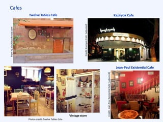 Cafes
Twelve Tables Cafe
Vintage store
Photos credit: Twelve Tables Cafe
fromhy.blackseasilkroad.com
Kaziryok Cafe
Jean-Paul Existential Cafe
Credit:KaziryokCafé[adjusted]
Credit:Jean-PaulExistentialCafé[adjusted]
 