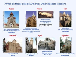 Credit:StudioAshnag
Armenian traces outside Armenia: Other diaspora locations
Russia
Lebanon
France
Syria Argentina
Iran
Surb Hovhannes Avetaranich
(“St. John the Baptist”) Church
Krasnodar
Cathédrale Apostolique
Arménienne St. Jean-Baptiste
(“St. John the Baptist Cathedral”)
Paris
Tomb of Levon V,
Basilique Saint-Denis
near Paris
Last Latin king of Armenia
(reigned 1374 – 1375 A.D.)
Surb Tadeosi
(“St. Thaddeus”) Monastery
near Maku
Surp Nshan Church
Beirut
Armenian Genocide
Memorial Complex
Deir ez-Zor
Destroyed by ISIS
September 2014
Forty Martyrs Cathedral
Aleppo
Catedral San Gregorio El Iluminador
Buenos Aires
Credit:YurikShakhverdyan(Panoramio)
Credit:ACAM(France)
Credit:P.Potrowl
fromWikimediaCommons
Credit:StudioAshnag
Credit:WikimediaC.user“PreacherLad”
fromTwitter
Credit:EduardoMasllorens(Panoramio)
 