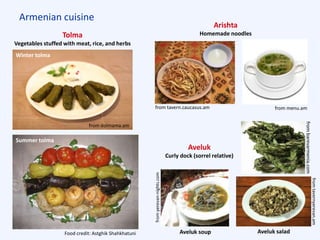 Armenian cuisine
Arishta
Homemade noodles
from tavern.caucasus.am from menu.am
Aveluk
Curly dock (sorrel relative)
Aveluk soup Aveluk salad
frombarevarmenia.com
fromtavernyerevan.am
Tolma
Vegetables stuffed with meat, rice, and herbs
Food credit: Astghik Shahkhatuni
from dolmama.am
Winter tolma
Summer tolma
 