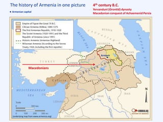 The history of Armenia in one picture
(underlying map from www.armenica.org)
4th century B.C.
Yervanduni (Orontid) dynasty
Macedonian conquest of Achaemenid Persia
Armavir
Macedonians
Armenian capital
 