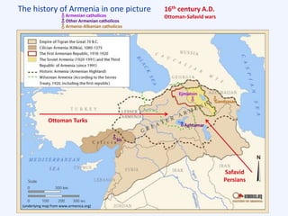 The history of Armenia in one picture
(underlying map from www.armenica.org)
16th century A.D.
Ottoman-Safavid wars
Ejmiatsin
Sis
Aghtamar
Gandzasar
Ottoman Turks
Safavid
Persians
Armenian catholicos
Other Armenian catholicos
Armeno-Albanian catholicos
 