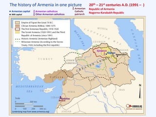 The history of Armenia in one picture
(underlying map from www.armenica.org)
20th – 21st centuries A.D. (1991 – )
Republic of Armenia
Nagorno-Karabakh Republic
Yerevan
Stepanakert
Ejmiatsin
Beirut
Antelias
Armenian capital Armenian catholicos
Other Armenian catholicos
Armenian
Catholic
patriarchNKR capital
 