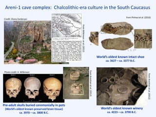 Areni-1 cave complex: Chalcolithic-era culture in the South Caucasus
World’s oldest known intact shoe
ca. 3627 – ca. 3377 B.C.
Pre-adult skulls buried ceremonially in pots
(World’s oldest known preserved brain tissue)
ca. 3970 – ca. 3800 B.C.
World’s oldest known winery
ca. 4223 – ca. 3790 B.C.
Photo credit: K. Wilkinson
fromAreshianetal.(2012)
Credit: Diana Zardaryan
fromWilkinsonetal.(2012)
fromAreshianetal.(2012)
from Pinhasi et al. (2010)
 
