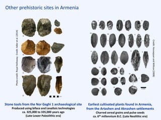 Other prehistoric sites in Armenia
Earliest cultivated plants found in Armenia,
from the Artashen and Aknashen settlements
Charred cereal grains and pulse seeds
ca. 6th millennium B.C. (Late Neolithic era)
Stone tools from the Nor Geghi 1 archaeological site
Produced using biface and Levallois technologies
ca. 325,000 to 335,000 years ago
(Late Lower Paleolithic era)
Photocredit:RoyalHolloway;Credit:Adleretal.(2014)
Credit:HovsepyanandWillcox(2008)
 