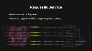 2019-11-15 17:00:00.221 [15738048002200] [armeria-common-worker-epoll-2-1]
armeria.services...
2019-11-15 17:00:00.228 [15738048002200] [talk-server-1] c.l.s.s.auth....
2019-11-15 17:00:00.228 [15738048002200] [armeria-common-worker-epoll-2-3]
c.l.s.c.a.c.logging...
2019-11-15 17:00:00.230 [15738048002200] [lettuce-epollEventLoop-21-2] c.l.s.service.sync..
2019-11-15 17:00:00.230 [15738048002200] [lettuce-epollEventLoop-21-2] c.l.s.db.redis...
RequestIdService
>Recommended & Required
>Similar to Logback’s MDC (Mapped Dignostic Context)
 