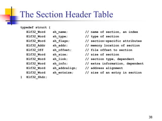 38
The Section Header Table
typedef struct {
Elf32_Word sh_name; // name of section, an index
Elf32_Word sh_type; // type ...