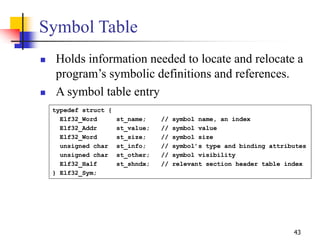 43
Symbol Table
 Holds information needed to locate and relocate a
program’s symbolic definitions and references.
 A sym...