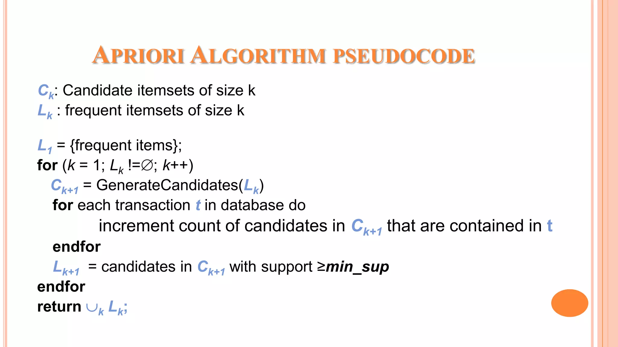APRIORI ALGORITHM PSEUDOCODE Ck: Candidate itemsets of size k Lk : frequent itemsets of size k L1 = {frequent items}; for (k = 1; Lk !=; k++) Ck+1 = GenerateCandidates(Lk) for each transaction t in database do increment count of candidates in Ck+1 that are contained in t endfor Lk+1 = candidates in Ck+1 with support ≥min_sup endfor return k Lk; 
