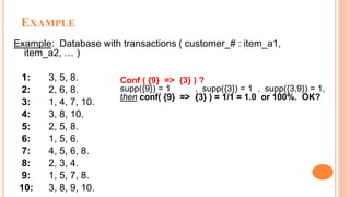 EXAMPLE
Example: Database with transactions ( customer_# : item_a1,
item_a2, … )
1: 3, 5, 8.
2: 2, 6, 8.
3: 1, 4, 7, 10.
4: 3, 8, 10.
5: 2, 5, 8.
6: 1, 5, 6.
7: 4, 5, 6, 8.
8: 2, 3, 4.
9: 1, 5, 7, 8.
10: 3, 8, 9, 10.
Conf ( {9} => {3} ) ?
supp({9}) = 1 , supp({3}) = 1 , supp({3,9}) = 1,
then conf( {9} => {3} ) = 1/1 = 1.0 or 100%. OK?
 