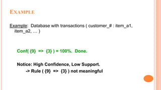 EXAMPLE
Example: Database with transactions ( customer_# : item_a1,
item_a2, … )
Conf( {9} => {3} ) = 100%. Done.
Notice: High Confidence, Low Support.
-> Rule ( {9} => {3} ) not meaningful
 
