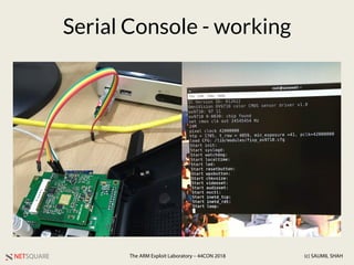 NETSQUARE (c) SAUMIL SHAHThe ARM Exploit Laboratory – 44CON 2018
Serial Console - working
 