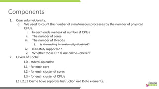 Components
1. Core volume/density.
a. We used to count the number of simultaneous processes by the number of physical
CPUs.
i. In each node we look at number of CPUs
ii. The number of cores
iii. The number of threads
1. Is threading intentionally disabled?
iv. Is NUMA supported?
v. Whether those CPUs are cache-coherent.
2. Levels of Cache
L0 - Macro-op cache
L1 - for each core
L2 - for each cluster of cores
L3 - for each cluster of CPUs
L1,L2,L3 Cache have separate Instruction and Data elements.
 